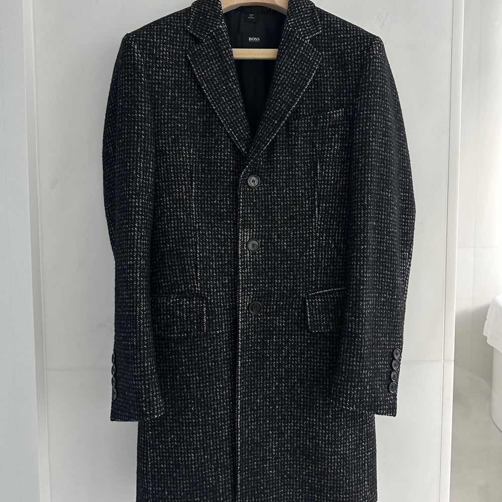 BOSS Men's Black and Gray Textured Trench Coat